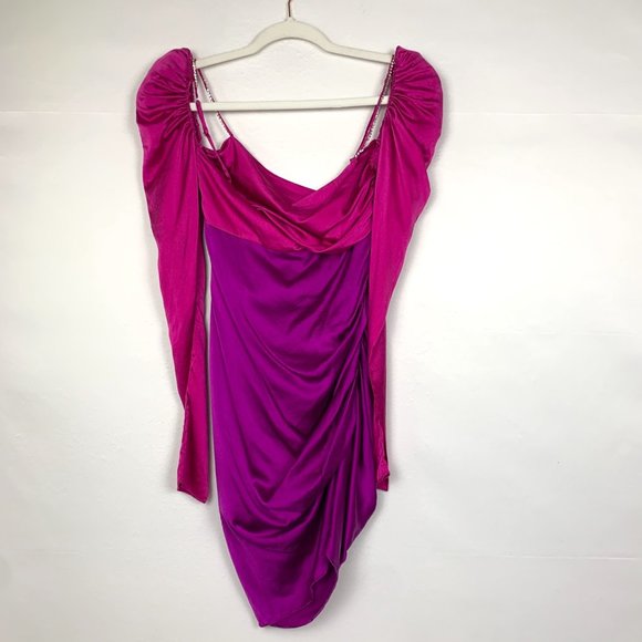 The Bar Silk Twist Puff Long Sleeve Ruched Mini Dress Pink Purple 0 - Picture 4 of 12